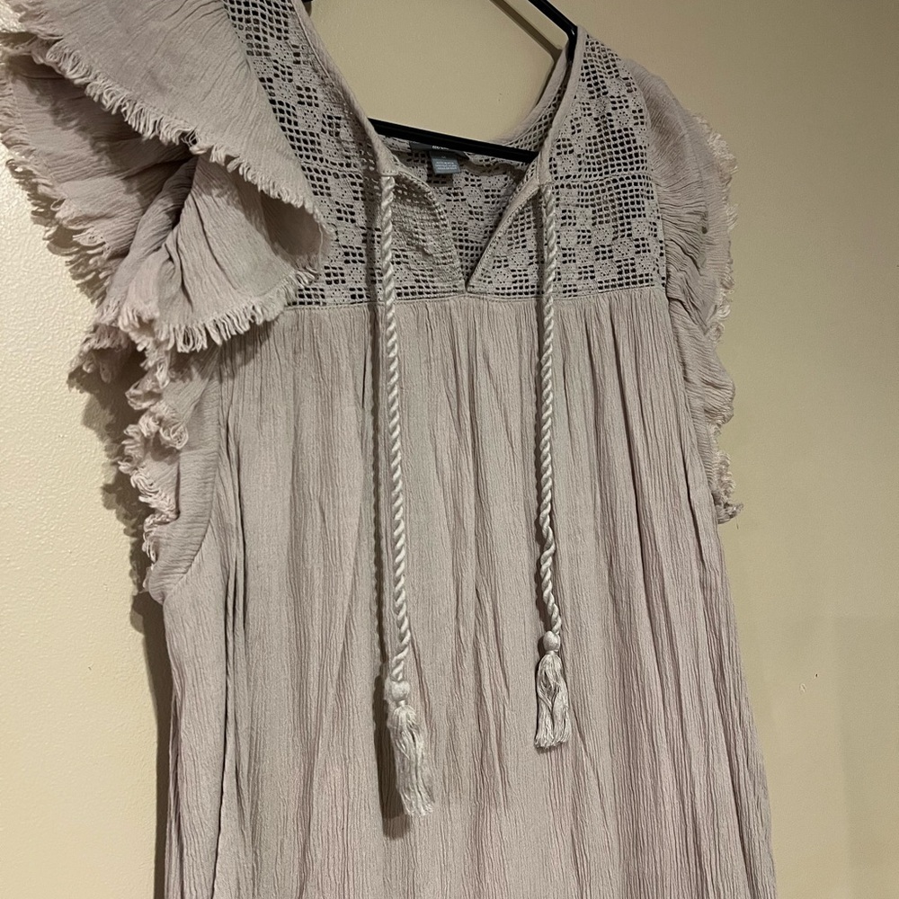 Aerie Beige gauze dress M crochet neck Tie front shift cruise vacation festival - Picture 2 of 7